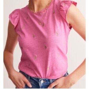Boden Women's Dora Size L  Pink Embroidered Gold Pineapple Flutter T-Shirt Top